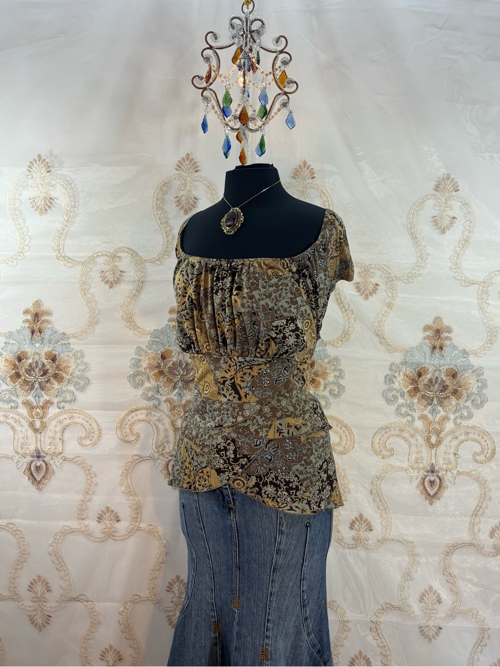✨Vintage Y2K Boho Earthtone Floral & Paisley Layered Ruffle Milkmaid Blouse✨